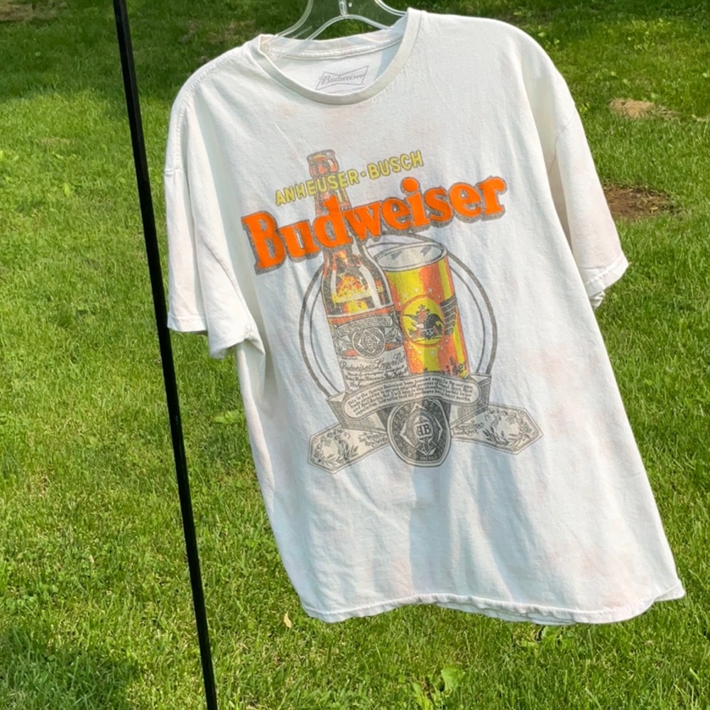 Men's Budweiser White Tee with Orange and Yellow Design with multi colored